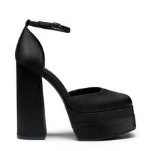 Women High Chunky Platform Closed Toe Block Heels Square Toe Ankle Strap Dress Wedding Party Prom Pumps Shoes Halloween Christmas Fall - Black-satin - View 6