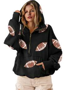 Womens Game Day Sweatshirts Football Sequin Hoodies Tailgate Outfits Long Sleeve Zipper Sweaters With Pocket - 黑色 - 查看 1