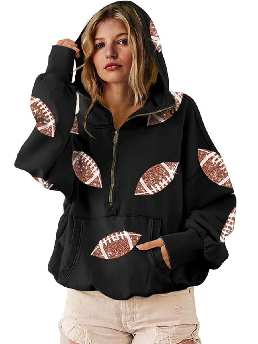 Womens Game Day Sweatshirts Football Sequin Hoodies Tailgate Outfits Long Sleeve Zipper Sweaters With Pocket - 黑色 - 查看 1