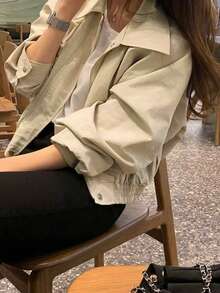 时尚纯色短款夹克女，简约格子休闲百搭飞行员夹克春秋新款上衣 - 杏色 - 查看 3