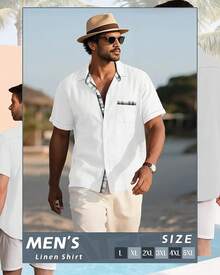 Men's Big And Tall Linen Shirts, Button Down Short Sleeve Summer Shirt Casual Cotton Beach Vacation Tops With Pockethalloween - 白色 - 查看 4