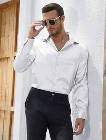 Mens Silk Satin Shirts Long Sleeve Button Down Loose Fit Dress Shirt Luxury Party Prom Wedding Shirtshalloween - 白色 - 查看 11