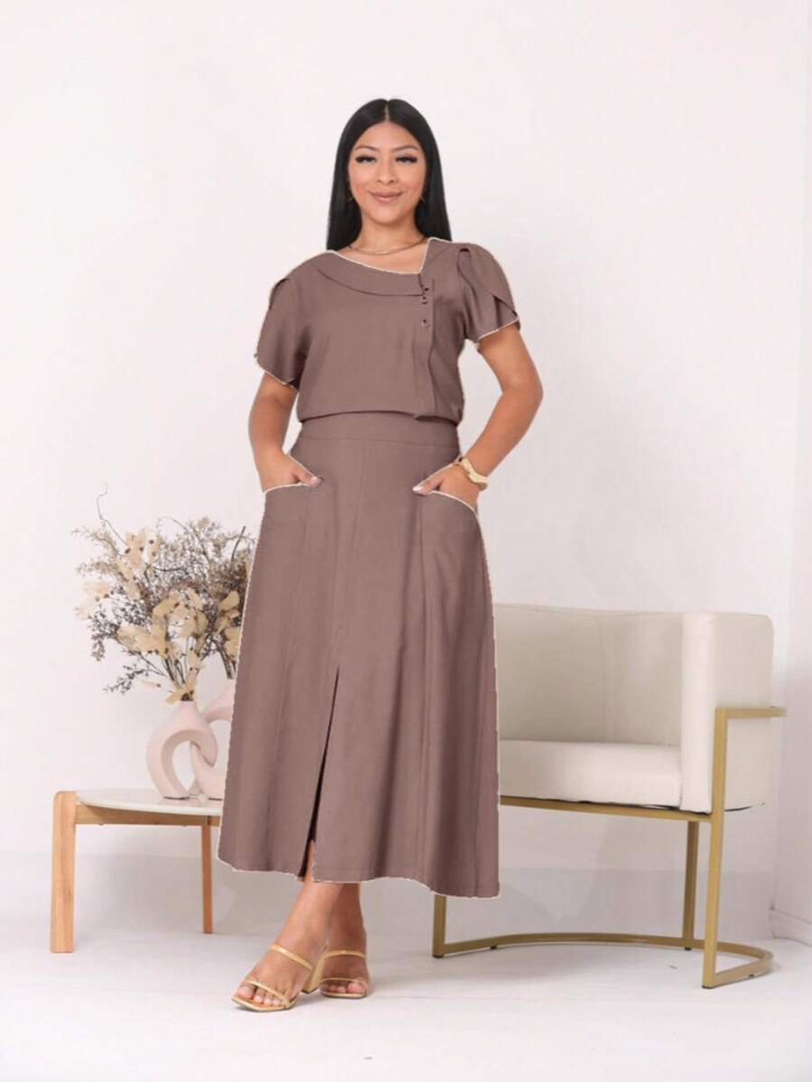 A-Line Midi Skirt Set With Pockets And Front Slit, Short Top With Buttons, Simple, Elegant Casual, Pocket, Wedding, Beach, Women's Fashion, Evangelical Fashion, Christian Fashion - 深棕色 - 查看 1