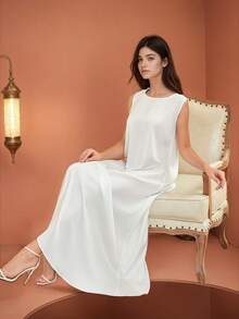 BEAUTY AMINAH 缎面百搭宽松吊带背心连衣裙，无袖丝绸休闲连衣裙 - 白色 - 查看 3