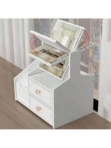 Swivel Dormitory Dresser, Student Dormitory Dresser With Makeup Mirror, Small Makeup Storage Table, Desktop Storage HD Makeup Mirror, Large Capacity Multi-Layer Organizer, Suitable For Home, School. - 白色方鏡 - 查看 4