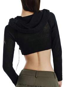 Women Knitted Hoodie Sweater Vest Sleeveless Hollow Out Hooded Crop Top Streetwear Rave Oufit - X黑色長袖 - 查看 4