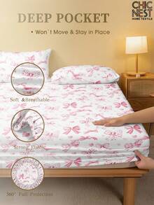 1件白色粉色蝴蝶结图案床笠，床垫保护套，情人节爱心床垫罩，柔软透气，适用于单人床、双人床、大号床、特大号床，深口袋设计，家纺产品，适合宿舍床铺 - 淺粉色 - 查看 4