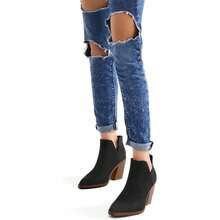 Women's Slip-On Ankle Boots – Cutout Pointed Toe Chunky Mid Heel Booties For Casual, Work & Daily Wear - Black Nubuck - View 5