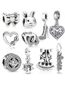 1 Stück Silbernes, süßes Tier, Schneeflocke, Liebesgeschenk für Mama am Valentinstag, Schleife, Hase, Rose, Überraschungsgeschenk passend für originalen Armband Charm, weibliches Email Handwerks Schmuckgeschenk - Silber - Übersicht 1