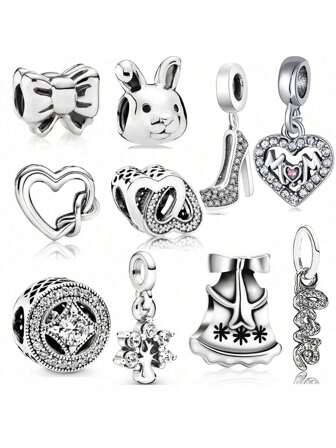 1 Pc Silver Cute Animal Snowflake Love Gift For Mom Valentine's Day Bow Bunny Rose Surprise Gift To Fit Original Bracelet Charm Female Enamel Craft Jewelry Gift