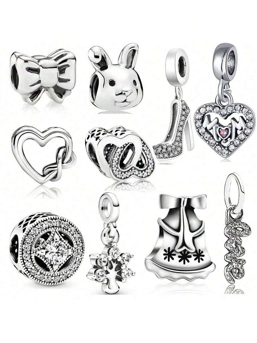1 Stück Silbernes, süßes Tier, Schneeflocke, Liebesgeschenk für Mama am Valentinstag, Schleife, Hase, Rose, Überraschungsgeschenk passend für originalen Armband Charm, weibliches Email Handwerks Schmuckgeschenk - Silber - Übersicht 1