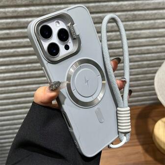 1 件豪华 Lightning 磁性手机壳，带短尼龙挂绳相机支架，适用于 iPhone16 15 14 13 12 11 Pro Max Plus 柔软硅胶后盖，防水防震防摔防刮