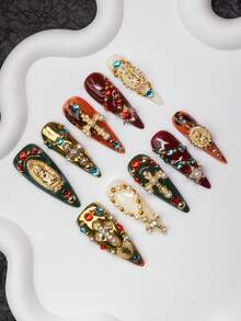 10片/套 手工杏仁形Y2K坏女孩风格美甲贴片，红色、金色、绿色、白色、橙色扎染美甲贴片，带有十字架、宝石、星星、爱心、珠子等图案，适合派对、婚礼、日常佩戴，包含工具包，是送给女性和女孩的绝佳礼物。 - 彩色 - 查看 2