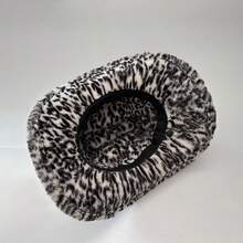 Furry Leopard Print Cowgirl Hat British Style Upturn Brim Western Hat  Jazz Cap For Women Men For Fall Winter - 黑色 - 查看 7