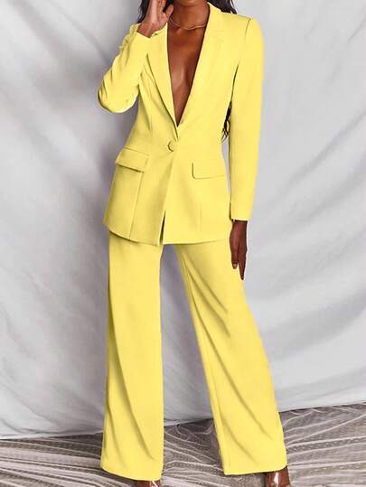 Setelan Jas Wanita 2 Potong Warna Polos Lengan Panjang Blazer dan Celana Panjang Musim Semi/Musim Gugur