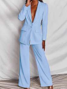 Women's Solid Color Lapel NeckLong Sleeve Single-Breasted Blazer And Pants Casual Suit, Autumn Spring - Baby Blue - View 1