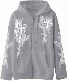 Women Men Y2K Zip Up Oversized Hoodie Gothic Graphic Emo Grunge Baggy Fleece 90s Punk Streetwear - 深灰色 - 查看 2