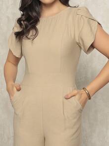 Women's Jumpsuit In Plain Marrant, Pocket, Pantaloons With Petal Sleeves, Simple Pocket Office - 米色 - 查看 2