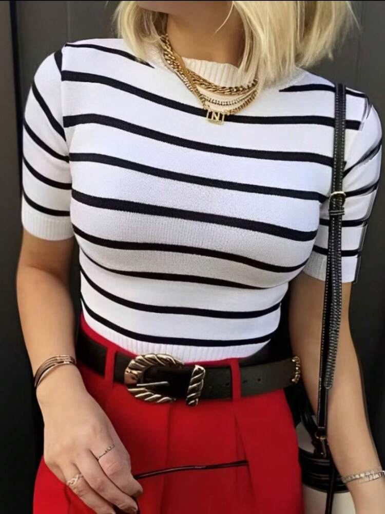 Women's Modal Knit Blouse With Short Sleeve Striped - trắng - Xem 1
