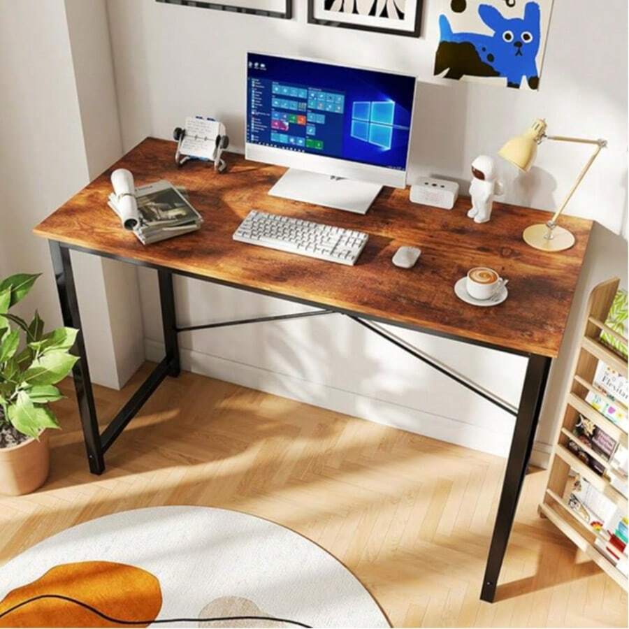 Sweetcrispy 44 In Computer Desk For Home Office, Modern Study Work Table Simple Style For Bedroom, Writing Desks With X-Shaped Reinforcement - 鏽棕色 - 查看 1
