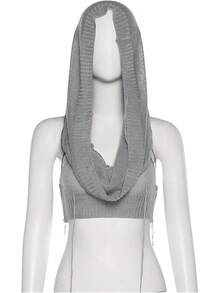 Women Knitted Hoodie Sweater Vest Sleeveless Hollow Out Hooded Crop Top Streetwear Rave Oufit - 淺灰色 - 查看 5