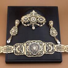 1 Set Elegante di Gioielli Medio Orientali Marocchini per Donna, Composto da Cintura in Vita, Orecchini e Spilla, Ciondolo a Goccia, Strass Colorati Intarsiati, Motivo Floreale Arabo Cavo, Adatto per Matrimoni Tradizionali e Festività