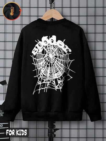 Hanorac negru din bumbac pentru băieți, cu umerii căzuți, top cu model de pânză de păianjen, stil street cool, hanorac casual lejer, hanorac călduros cu guler rotund, din material gros și căptușit, pentru toamnă și iarnă, top confortabil cu mânecă lungă pentru copii, căptușit cu fleece.