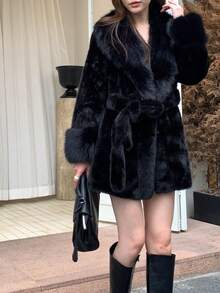 圣诞纯色长袖仿毛领收腰休闲外套黑色冬季款 - 黑色 - 查看 4