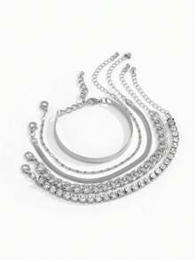 5 件/套复古简约铜质手工多层几何水晶吊饰手链套装适合女孩 - 均碼 - 查看 7