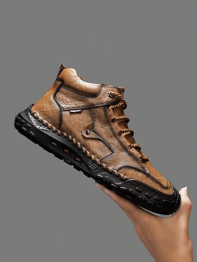 Zapatos casuales de media caña hechos a mano para hombres, zapatos deportivos simples y de moda con cordones, adecuados para uso diario, senderismo al aire libre, trekking, correr, color marrón, talla grande