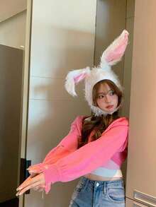 Cute White Rabbit Hat With Long Ears, Halloween Cosplay Costume, Photo Prop, Rabbit Cosplay, Halloween Rabbit Feather, Polyester - White - View 9