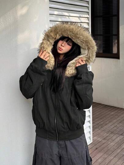 女款派克大衣，人造毛领连帽加厚外套，美式复古冬季外套