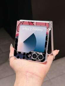 1pc Minimalist Matte PC Material Leopard Print Heart Slogan Foldable Phone Case, Protective And Anti-Drop, Compatible With Samsung Galaxy Zflip 3/Zflip 4/Zflip 5/Zflip 6/Zflip 7/ Razr 50 Ultra/ Razr 60 Ultra/ Razr 60/ Razr 50/Galaxy Z Flip7 FE - Pink - View 3