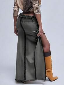 Y2K复古水洗毛边不对称下摆修身牛仔裙，纽扣可转换成牛仔迷你裙，性感音乐节 - 黑灰色 - 查看 2