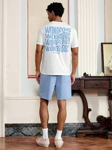 男士夏季字母印花圆领短袖休闲 T 恤和短裤套装，街头潮流