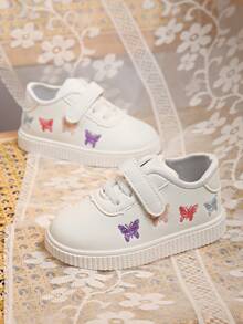 1双儿童男女通用多功能魔术贴休闲白色运动鞋，舒适透气卡通刺绣平底学生鞋，时尚校园风运动鞋 - 白色 - 查看 6