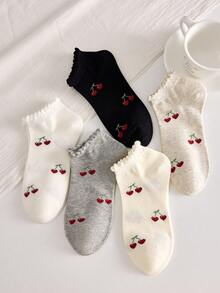 4 Pairs Of Women's Sweet Cute Cherry Pattern Simple Short Socks Ankle Socks Crew Ruffle Edged Socks, Christmas Gift, Girls Socks, Fashion Ins Style Comfortable White Socks In Random Colors, Suitable For All Seasons, For Summer&Fall&Winter