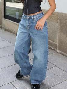 Women's High Waist Casual Y2k Streetwear Baggy Distressed Vintage Washed Wide Leg Jeans - Rửa trung bình - Xem 6