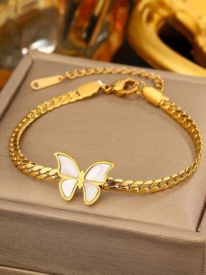 RAYQUEEN 1pc Fashionable Unique High-Quality White Butterfly Minimalist Metal Twist Necklace & Bracelet Set, Suitable For Daily Wear