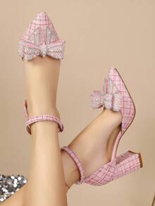 2025春夏新款尖头高跟凉鞋，镶钻，蝴蝶结透明仙女带法式风格，优雅女士高跟鞋，适合派对、婚礼等场合。 - 粉色 - 查看 4