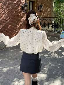 Summer New Ruffle Polka Dot Long Sleeve Blouse, Loose Bowknot Tie-Up Shirt TOPS For Women