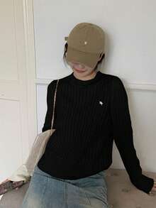 Korean Style Elegant Textured Crew Neck Sweater For Women, Long Sleeve Embroidered Pullover - Black - View 3