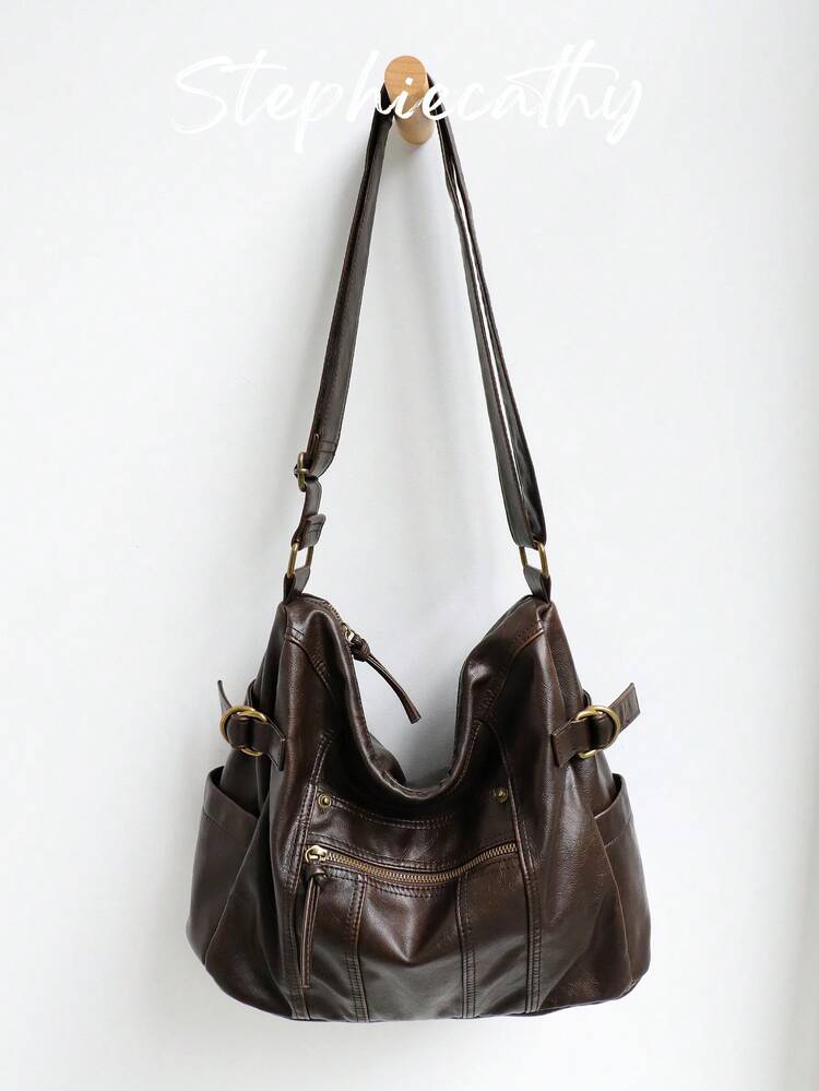 STEPHIECATHY 女士奢华休闲水洗PU皮革单肩包，多功能口袋，拉链封口，可调节长肩带，斜挎包，大容量，休闲百搭，适合通勤、日常使用、上学、购物、旅行，男女皆宜，时尚街头风，女士佳礼。 - 彩色 - 查看 13