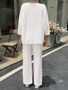 Fisoew Women Two Piece Lounge Set Casual 34 Sleeve Tunic Top And Wide Leg Pants Cozy Fall Outfits Y2K Matching Sets Soft Travel Loungewear Breathable Jogger Suit - 白色 - 查看 4