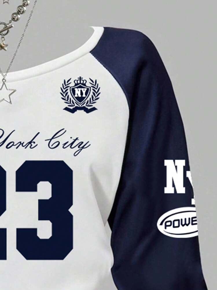 Conjunto de sudadera con hombros descubiertos y pantalón de chándal con estampado numérico y color contrastante para niña preadolescente - Blanco - Añade 4