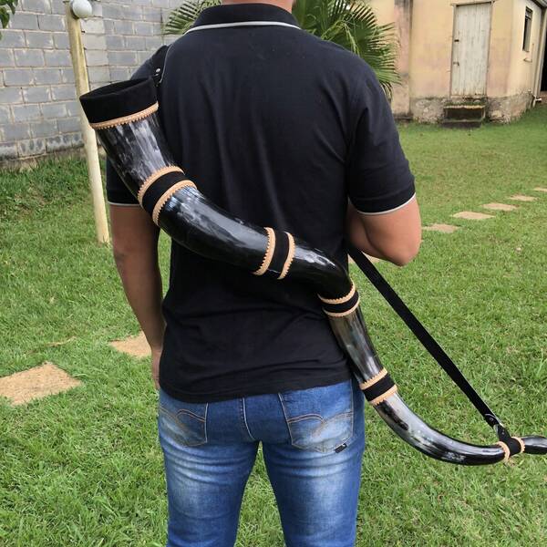 Berrante grande, som profissional de chifre de boi natural com emendas e correia de couro legitimo
