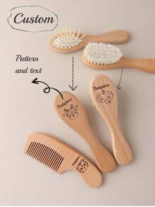 Customized Baby Shower Gift Set Natural Beechwood Flat Comb Set With Wool Brush & Massage Cushion - Personalized Name & Animal Designs For Hair Care & Scalp Health,Christmas Gift Supplies
