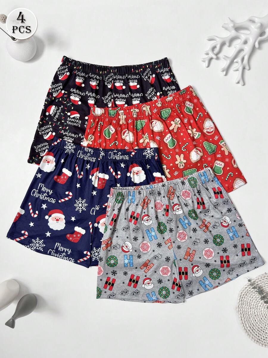 4 sztuki/zestaw męskich spodenek piżamowych z nadrukiem w świątecznym stylu, wygodne luźne bokserki z elastyczną talią, różne kolory