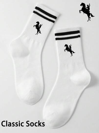 1/3/5/6 Pairs, Unisex, Little Horse, Gentleman Riding, Polo Element, Polo Walk Printed Crew Socks, With Cool Cartoon Print, Jacquard Socks, Angel Riding Socks, Angel Socks, Socks For Women, Loose Socks, Business Socks, Unisex Stockings, No-Show Socks, Couple Socks, Week Socks, Solid Color, Soft And Comfortable, Breathable And Anti-Slip, Personalized Casual Style,