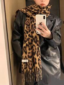 1pc Imitation Cashmere Thick Tassel Leopard Print Scarf, Fashionable Printed Warm Scarf, Windproof Autumn And Winter Shawl,Suitable For Daily Use In Autumn And Winter For Both Men And Women Women Winter Scarves